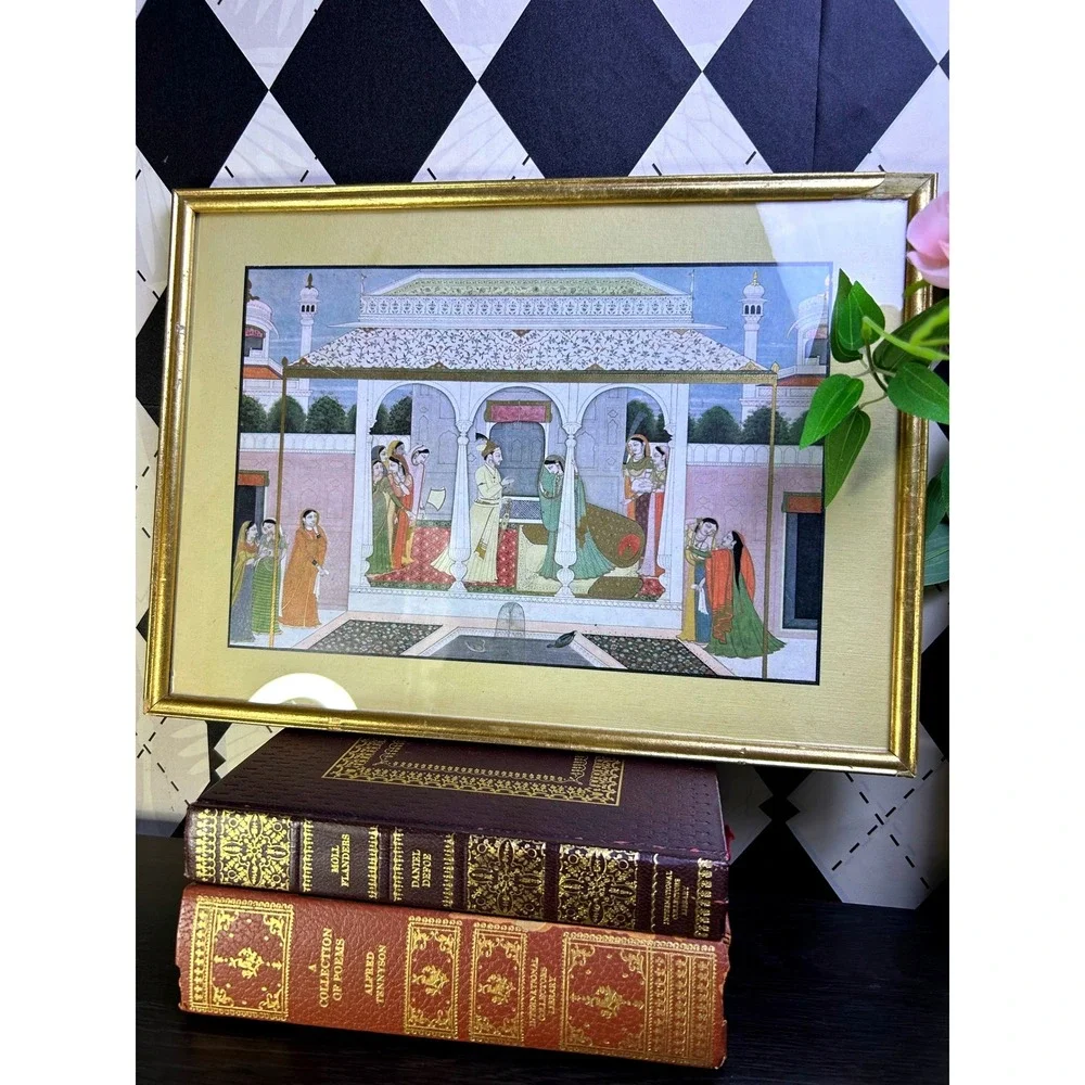 Vintage Framed Indian Nala and Damayanti Mahabharata Print Palace Scene Wall Art